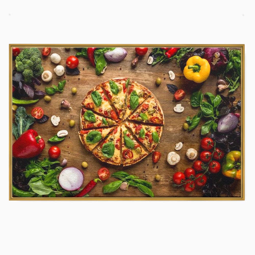 Tablou canvas cu tablou canvas cu pizza si legume, in rama de aluminiu auriu
